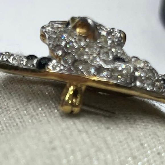 Panther Silver Gold Tone Rhinestones Black Cabochons Green Eye Brooch - Picture 13 of 16